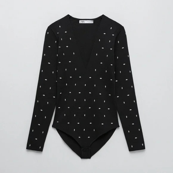 Zara Bodysuit V Neck Silver Studded Knit Sweater in Black Size Medium. - Picture 1 of 12